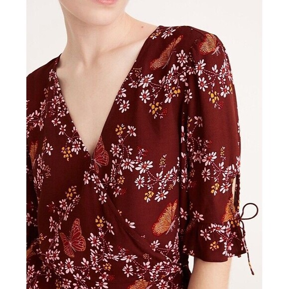 MADEWELL Tie Sleeve Wrap Top Size 6 Butterfly Sanctuary Rich Burgundy - Picture 1 of 9